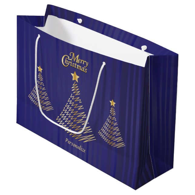 Frohe Weihnachten Dunkelblau und Gold Bäume Große Geschenktüte (Vorderseite Schrägansicht)
