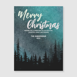 Frohe Weihnachten Dunkle Nacht Himmel Kiefernwald  Magnetkarte