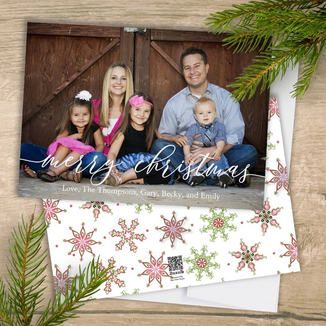 Frohe Weihnachten ein Foto farbenfrohe Schneeflock (Merry Christmas calligraphy script whimsical cute colorful snowflake pattern photo card.)