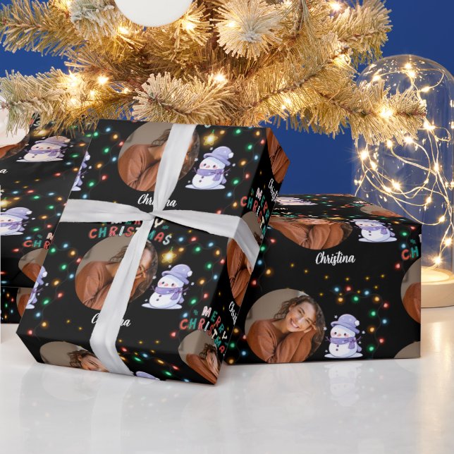 Frohe Weihnachten ein Kreis Foto und Name Snowman Geschenkpapier (Feiertage)