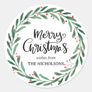 Frohe Weihnachten Einfache Lässige Schrift   Kranz Runder Aufkleber