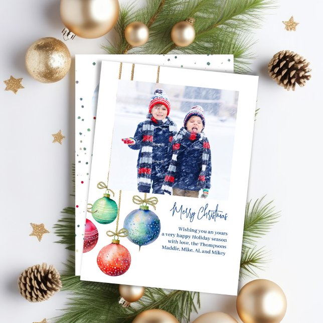 Frohe Weihnachten Einfache Wasserfarben Ornamente  (Merry Christmas holiday photo card with whimsical ornaments. )