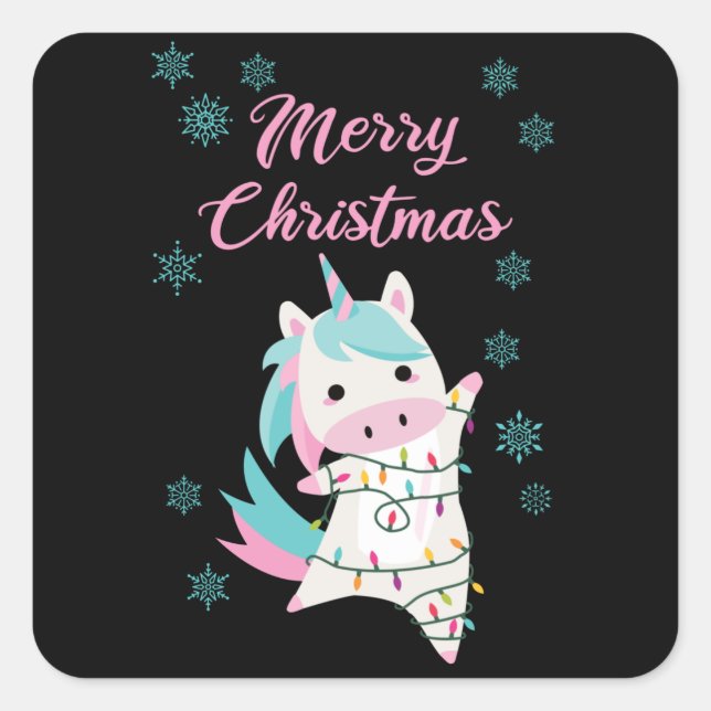 Frohe Weihnachten Einhorn Magischer Schnee Quadratischer Aufkleber (Vorderseite)