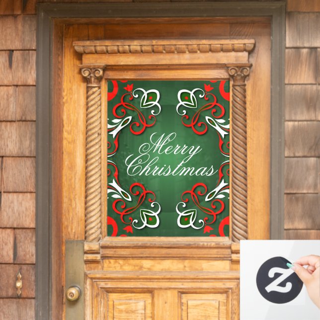 Frohe Weihnachten Elegant Barock Rot Grün & Weiß Fensteraufkleber (Haustür)