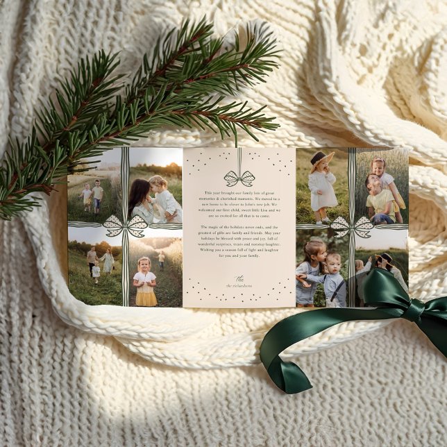 Frohe Weihnachten Elegant Bow präsentieren FotoCol Dreifach Gefaltete Urlaubskarte (Merry Christmas Elegant Bow Present Photo Collage Tri-Fold Holiday Card)