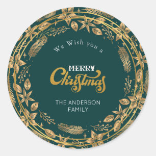Frohe Weihnachten Elegant Gold Arch Green Runder Aufkleber