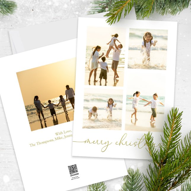 Frohe Weihnachten Elegant Gold Calligraphy 5 Foto (Merry Christmas gold stylish calligraphy photo card with a five photo template. )