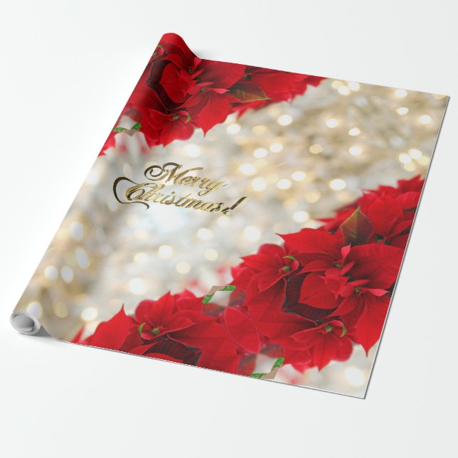 Frohe Weihnachten Elegant Gold Script Poinsettia Geschenkpapier (Ungerollt)
