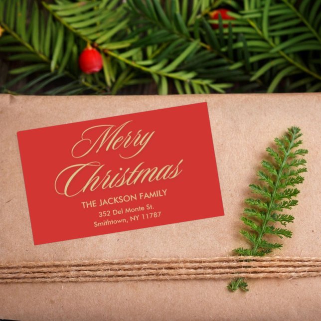 Frohe Weihnachten Elegant Gold Script Red Holiday Rechteckiger Aufkleber (Von Creator hochgeladen)