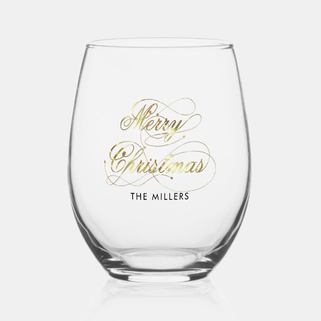 Frohe Weihnachten Elegant Gold Typografie Weinglas Ohne Stiel (Vorderseite)