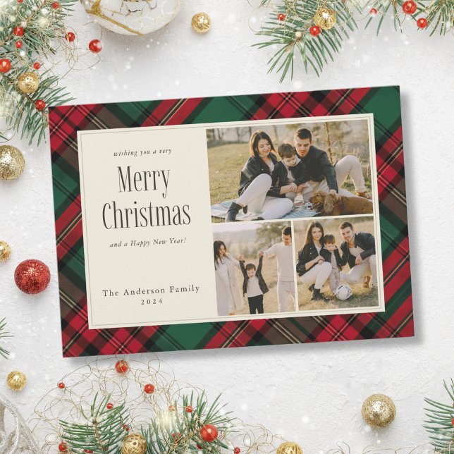 Frohe Weihnachten Elegant Grün Rot Kariert 3 Fotos (Merry Christmas Elegant Green Red Plaid 3 Photos Holiday Card)
