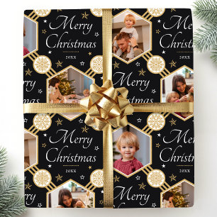 Frohe Weihnachten Elegant Snowflake Foto Black Geschenkpapier
