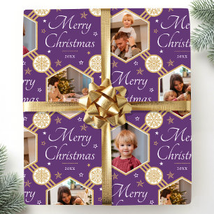 Frohe Weihnachten Elegant Snowflake Foto Lila Geschenkpapier