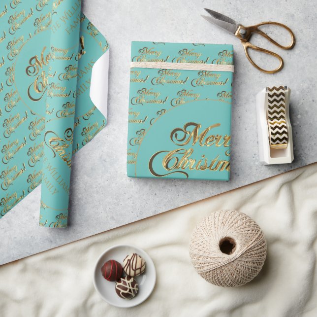 Frohe Weihnachten Elegante Imitate Gold Script Aqu Geschenkpapier (Kunsthandwerk)