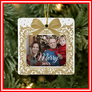 Frohe Weihnachten Elegante Schleife Geschenk Foto Keramikornament