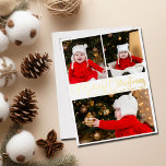 Frohe Weihnachten Elegante Script 3 Family Foto Go Folien Feiertagspostkarte<br><div class="desc">Elegante frohe Weihnachts Foto Goldfolie Postcard mit wunderschöner kursiver Typografie in Goldfolie. Dieses moderne Familienfoto der Postkarte bietet Ihnen eine wunderschöne Schrift und Ihren Namen in über 3 Fotos Ihres Babys oder Ihrer Kinder. Einfach. Chic. Klassisch.</div>