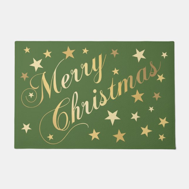 Frohe Weihnachten Elegante Script Gold Stars Green Fußmatte (Vorderseite)
