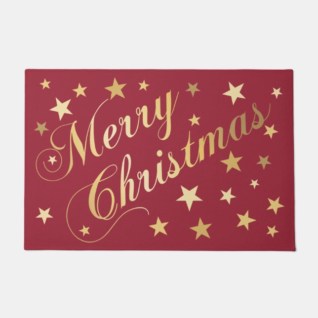 Frohe Weihnachten Elegante Script Gold Stars Red Fußmatte (Vorderseite)