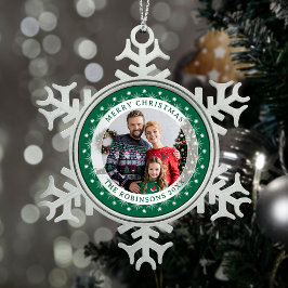 Frohe Weihnachten Elegantes Foto Grün & Weiß Schneeflocken Zinn-Ornament