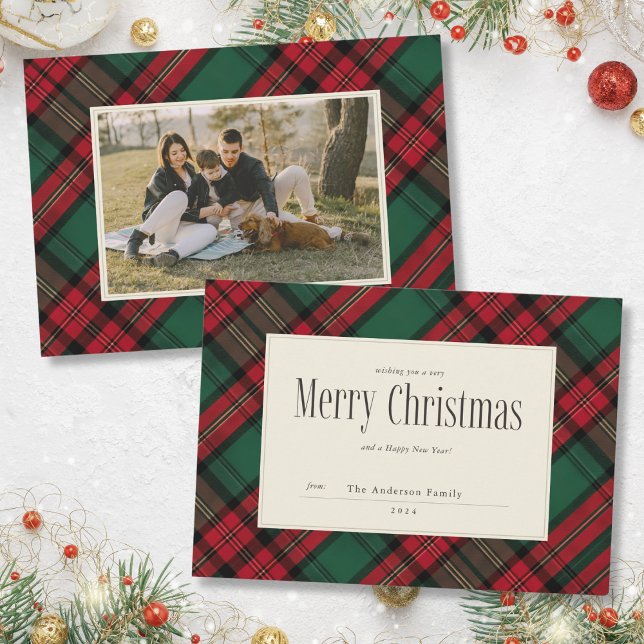 Frohe Weihnachten Elegantes Kariertes Foto (Mockup ViewMerry Christmas Elegant Plaid Family Photo Holiday Card)