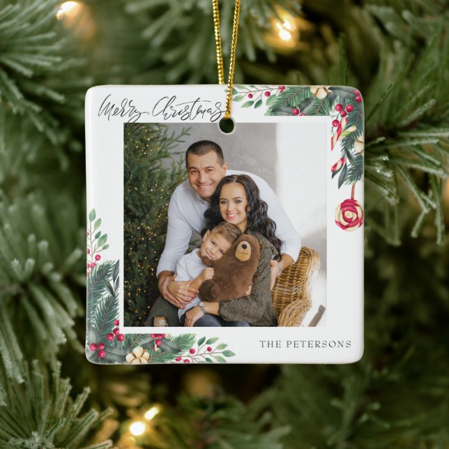 Frohe Weihnachten Elegantes Weihnachtsgrüßen Foto Keramikornament (Baum)