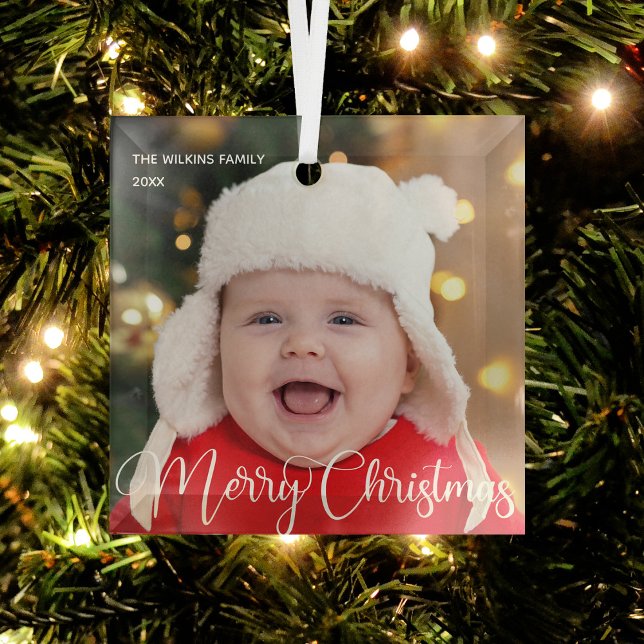 Frohe Weihnachten Elegantes White Script Baby Foto Ornament Aus Glas (Von Creator hochgeladen)