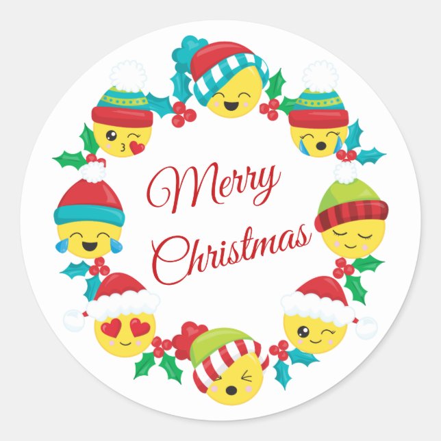 Frohe Weihnachten Emoji Wreath Runder Aufkleber (Vorderseite)