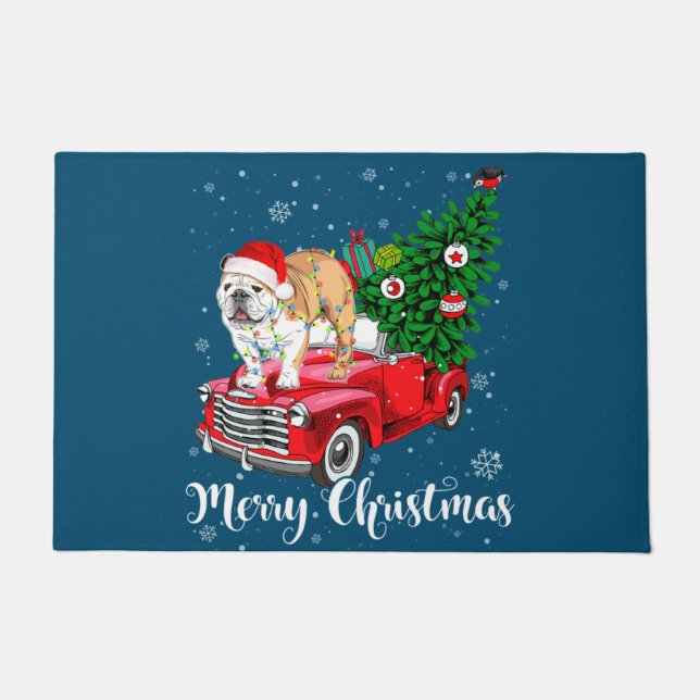Frohe Weihnachten Englisch Bulldog Santa Red Truck Fußmatte (Vorderseite)