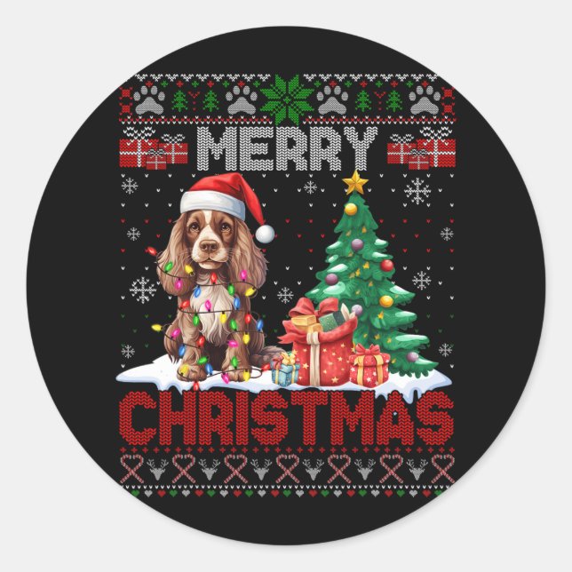 Frohe Weihnachten Er Spaniel Hund liebt Ugly Xmas  Runder Aufkleber (Vorderseite)