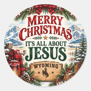 Frohe Weihnachten Es ist alles über Jesus Wyoming Runder Aufkleber