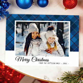 Frohe Weihnachten Familie Foto Blue Tartan Style Karte