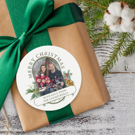 Frohe Weihnachten Familie Foto Holly und Pine Runder Aufkleber