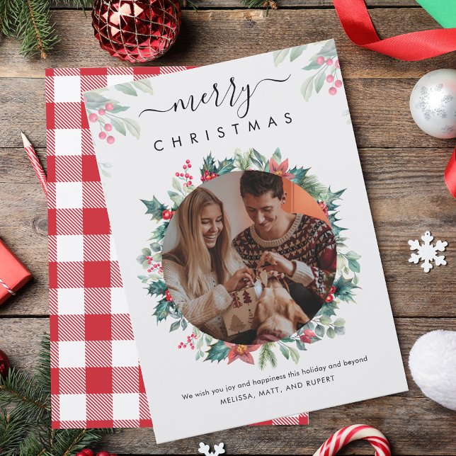 Frohe Weihnachten Familie Foto Mistletoe Botanical Mitteilungskarte (Merry Christmas Family Photo Mistletoe Botanical Note Card)