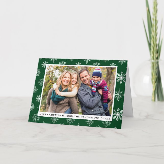 Frohe Weihnachten Familie Foto Schneeflocken Grün (Vorderseite)