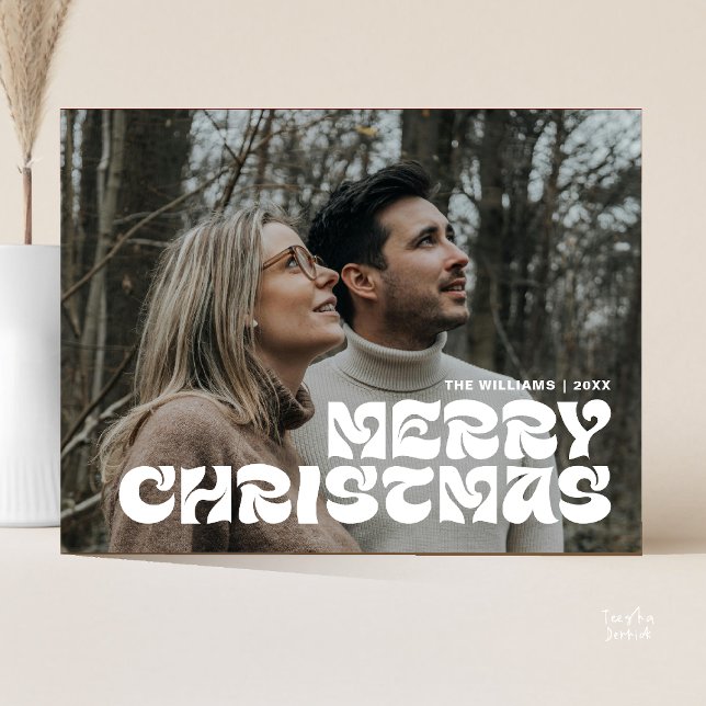 Frohe Weihnachten Familie Foto, stilvolle Elegant  Postkarte (Stylish Elegant, Merry Christmas Family Photo Chic Postcard in Romantic Black White Beige)