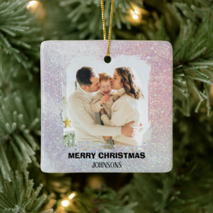 Frohe Weihnachten Familienfoto Pink Glitter-Orname Keramikornament
