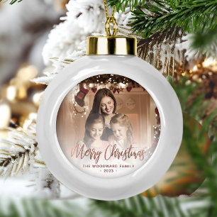 Frohe Weihnachten Familienfoto Rose Gold Schrift Keramik Kugel-Ornament