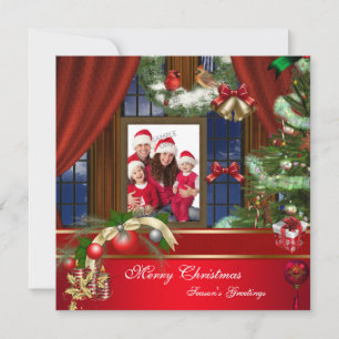Frohe Weihnachten Familienfoto Rot Grün Fenster