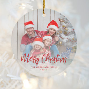 Frohe Weihnachten Familienfoto rote Schrift Keramik Ornament
