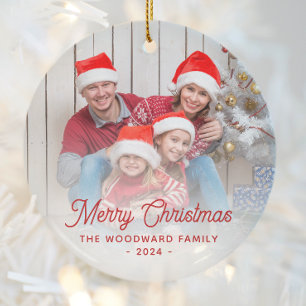 Frohe Weihnachten Familienfoto Roter Schriftzug Keramik Ornament