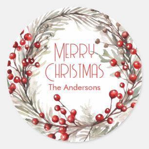 Frohe Weihnachten Familienname Watercolor Wreath Runder Aufkleber