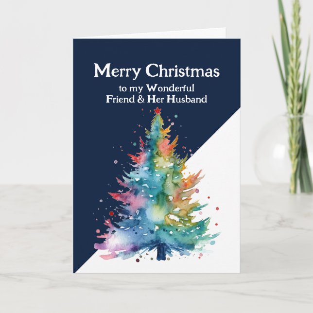 Frohe Weihnachten farbenfrohe Baum Friend & Husban Karte (Vorderseite)