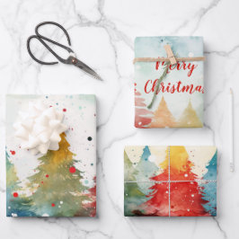 "Frohe Weihnachten" farbenfrohe Pinien Bäume Geschenkpapier Set