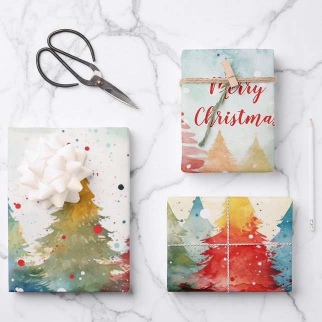 "Frohe Weihnachten" farbenfrohe Pinien Bäume Geschenkpapier Set (Vorderseite)