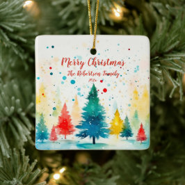 "Frohe Weihnachten" farbenfrohe Pinien Bäume Keramikornament