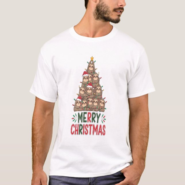 Frohe Weihnachten Faultier Baum T-Shirt (Vorderseite)