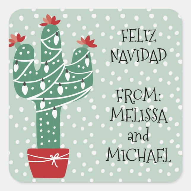 Frohe Weihnachten | Feliz Navidad Cactus Quadratischer Aufkleber (Vorderseite)