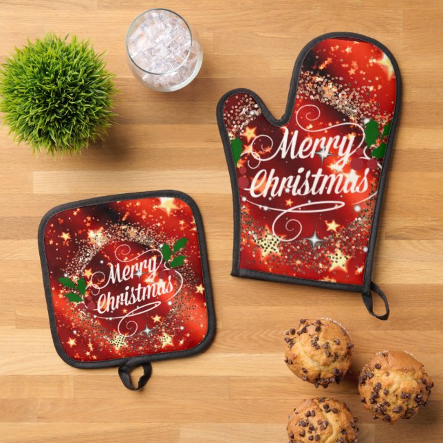 Frohe Weihnachten, festliches Design, Ofenhandschuh & Topflappen-Set (Oben Unten)