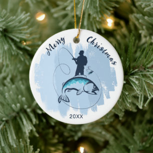 Frohe Weihnachten Fisherman fängt Fischschmuck Keramik Ornament