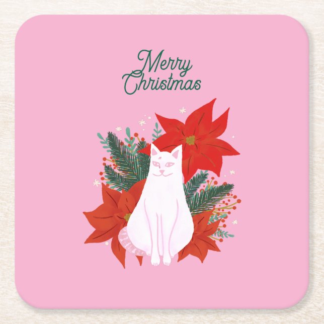 Frohe Weihnachten Floral Cat Rechteckiger Pappuntersetzer (Vorderseite)